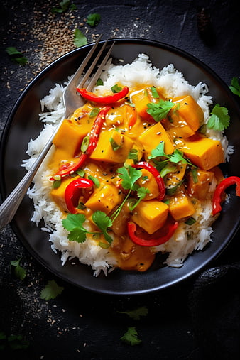 Vegan Pumpkin Curry with Rice on Black Plate