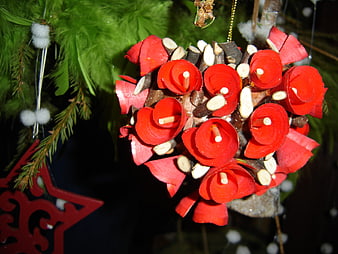 Handmade Red Rose Christmas Ornament on Fir Branch