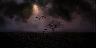 Silhouette of Woman with Umbrella Under Giant Moon in Rain