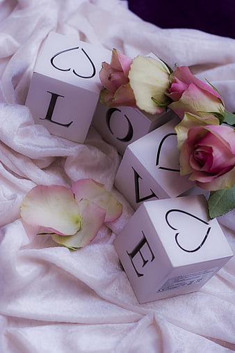 White Love Letter Cubes With Pink Roses On Soft Fabric