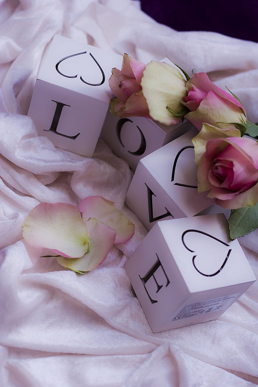 White Love Letter Cubes With Pink Roses On Soft Fabric