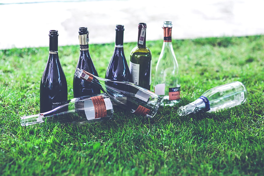 Empty wine bottles scattered on green grass