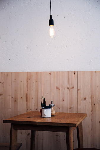 Minimalist Wooden Cafe Table with Pendant Light