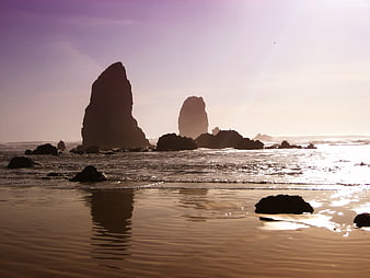 Silhouetted Sea Stacks on Oregon Coast at Sunset