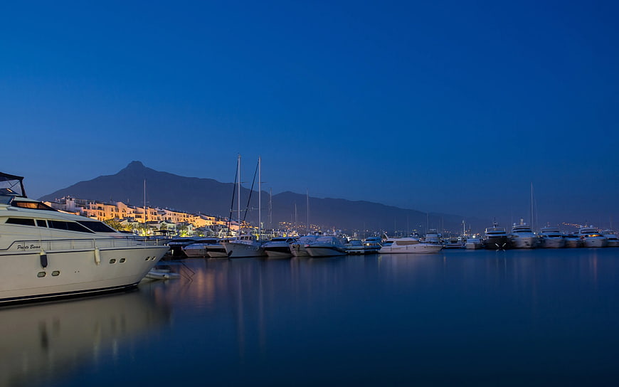 Luxury Yachts Docked in Harbor at Blue Hour