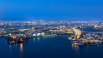 Aerial Night View of Yokohama Port and City Skyline