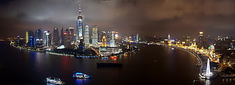 Panoramic Night View of Shanghai Skyline and Huangpu River
