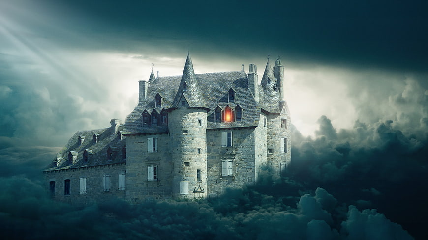 Mysterious Medieval Castle Towering Above Dark Clouds