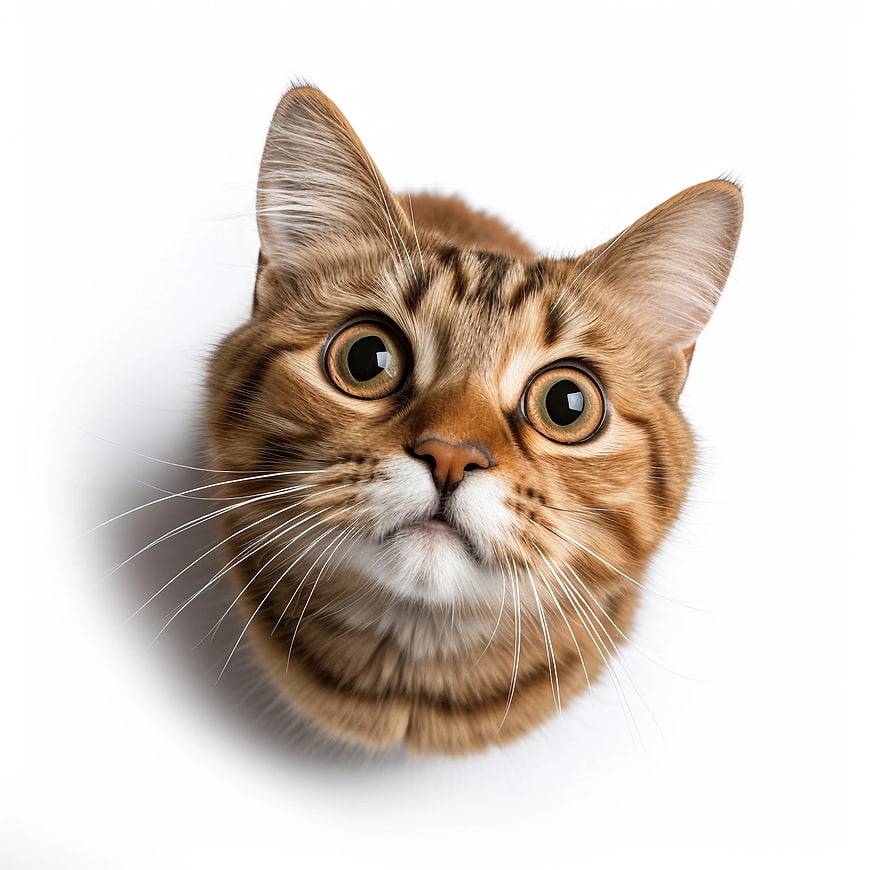 Close-up of cute tabby cat with wide eyes on white background