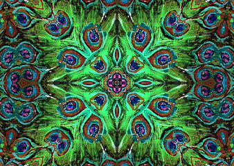Abstract kaleidoscope pattern with vibrant green and blue peacock feather design