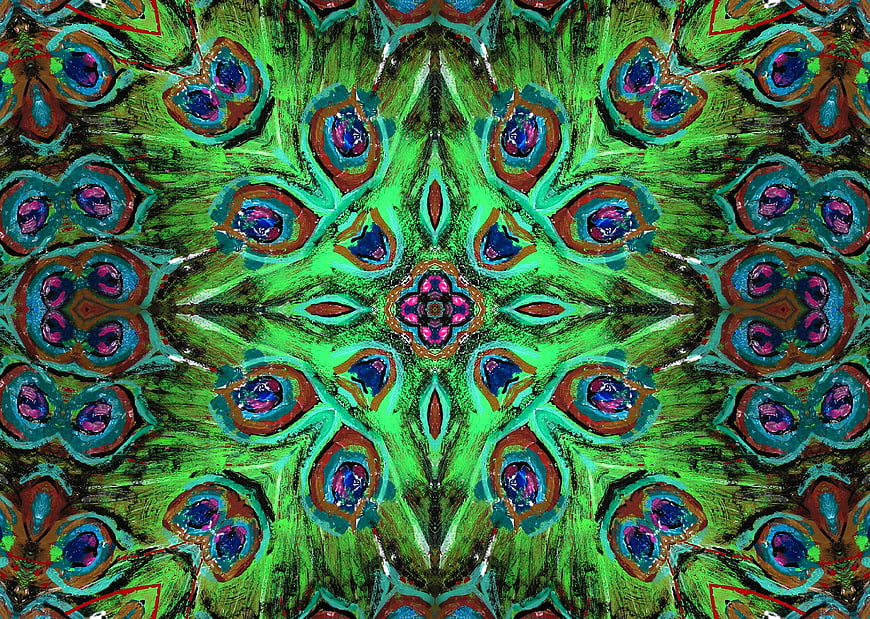 Abstract kaleidoscope pattern with vibrant green and blue peacock feather design