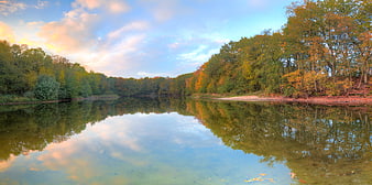 Serene Autumn Lake Reflection with Colorful Forest