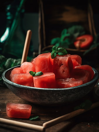 Fresh Watermelon Cubes in Rustic Bowl with Mint