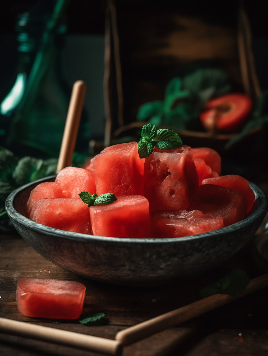 Fresh Watermelon Cubes in Rustic Bowl with Mint