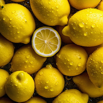 Fresh Yellow Lemons with Water Drops and Sliced Center