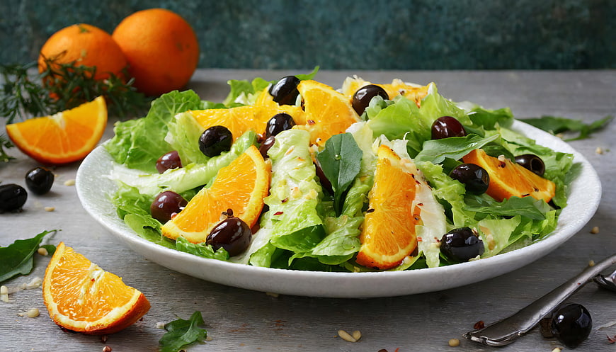 Fresh Romaine Salad with Orange Slices and Black Olives