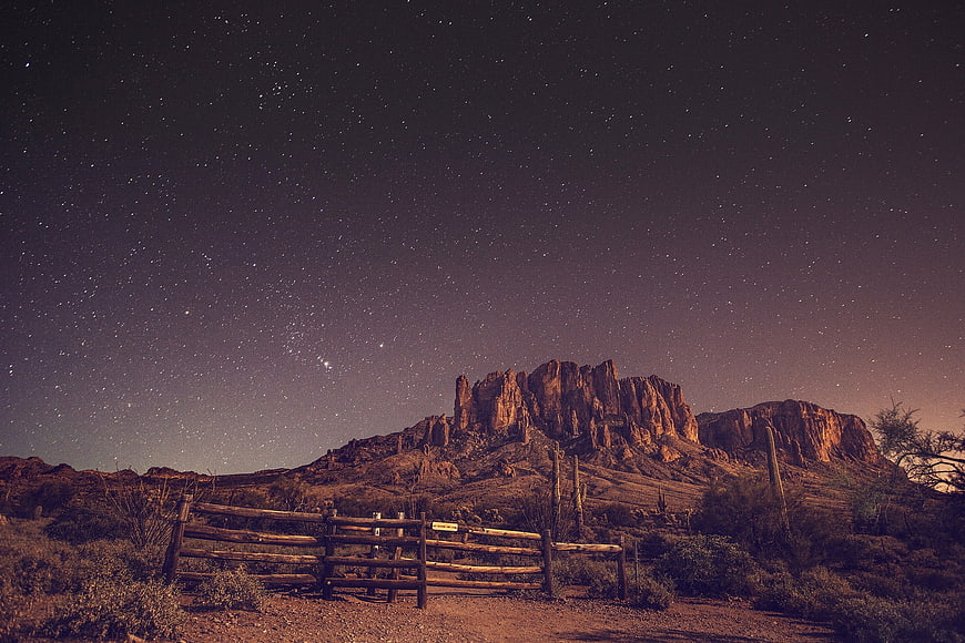 Superior Night Sky Over Superstition Mountains with Wooden Gate