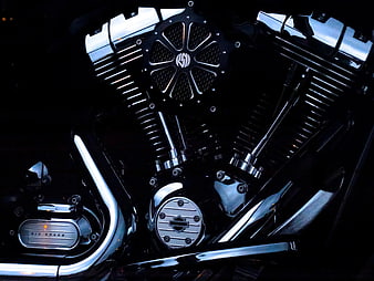 Close-up of Black Harley-Davidson Motorcycle Engine with Chrome Details