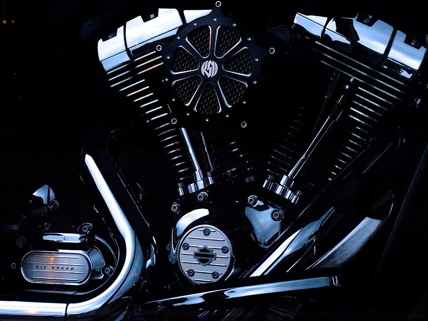 Close-up of Black Harley-Davidson Motorcycle Engine with Chrome Details