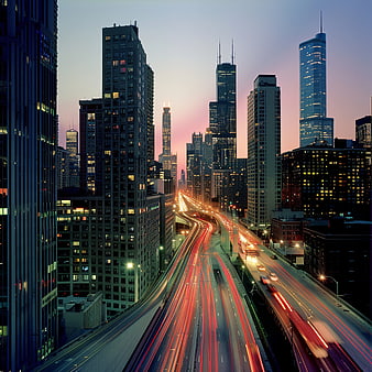 Chicago Skyline at Dusk with Long Exposure Traffic Trails