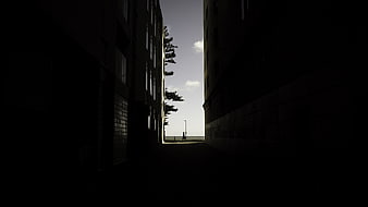 Dark Alleyway Silhouette Leading to Bright Sky