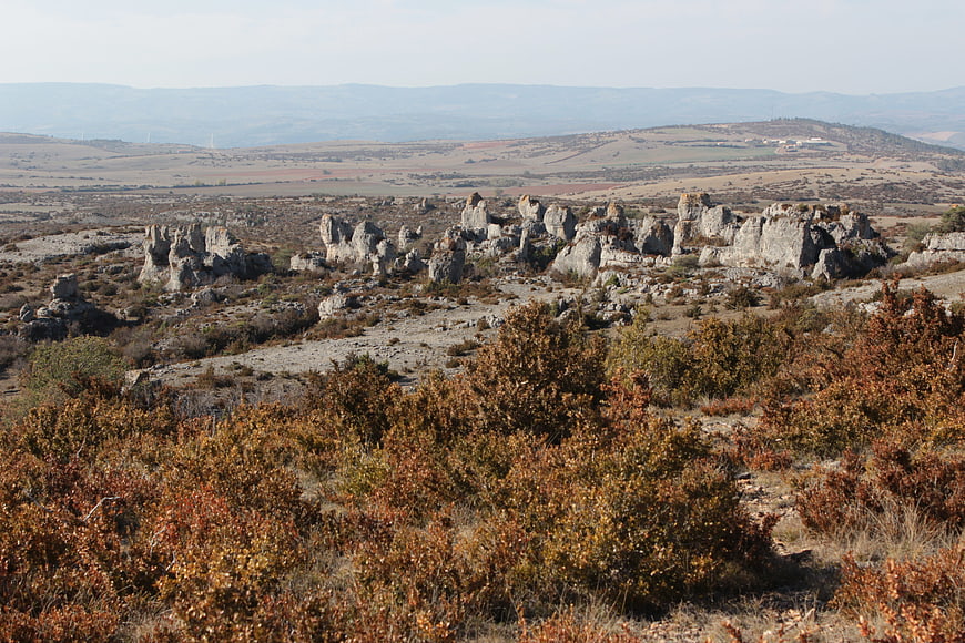 Rugged limestone rock formations in arid autumn landscape