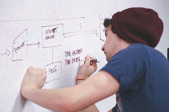 Man writing flowchart on whiteboard in office