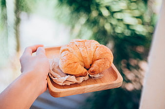Hand holding wooden tray with fresh croissant outdoors