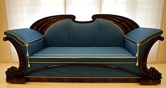 Antique Blue Velvet Sofa with Dark Wood Frame