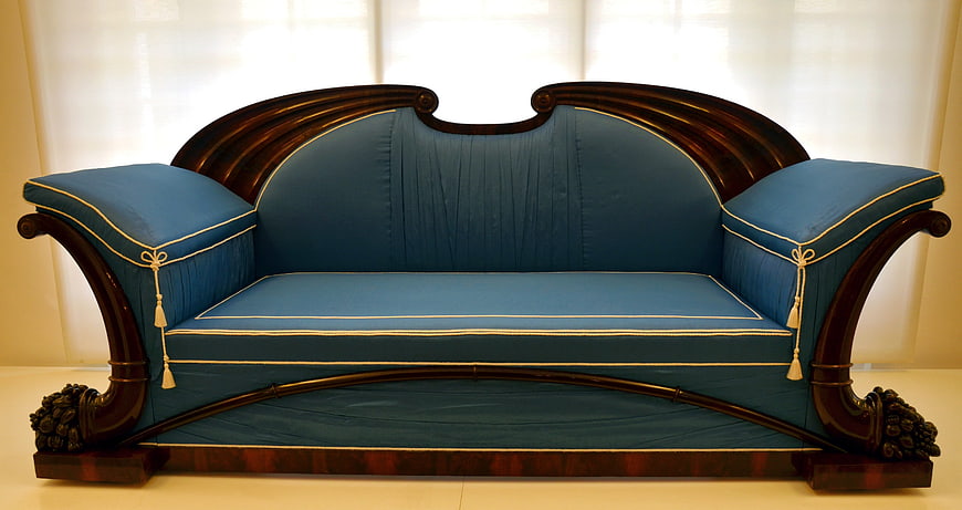 Antique Blue Velvet Sofa with Dark Wood Frame