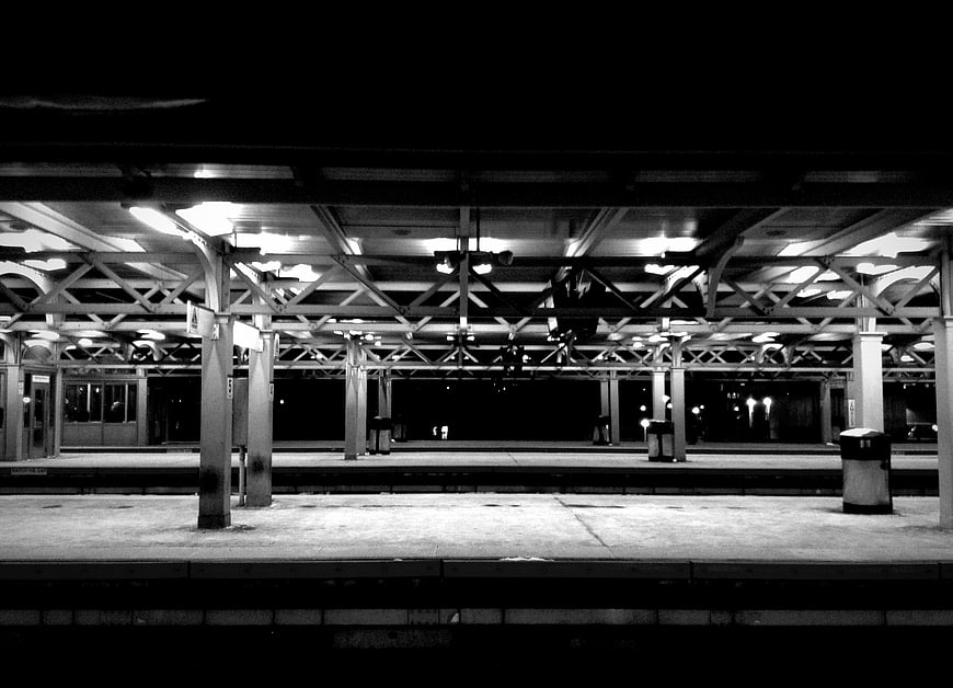 Empty Train Station Platform at Night in Black and White