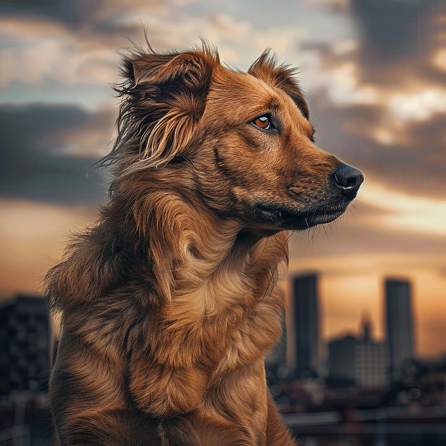 Golden Retriever Portrait Against City Skyline at Sunset