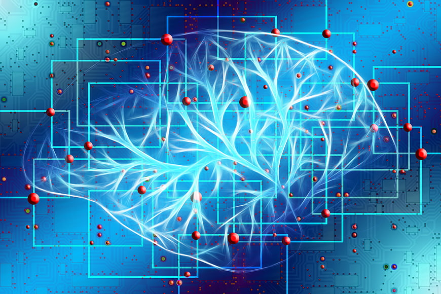 Abstract Artificial Intelligence Brain on Circuit Board Background