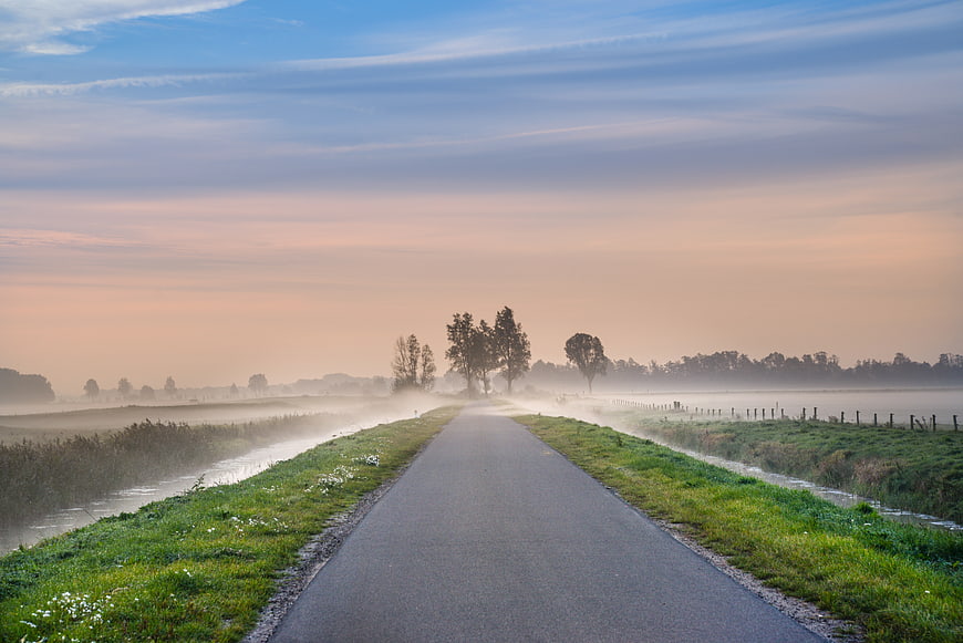 Misty rural road leading into foggy morning landscape