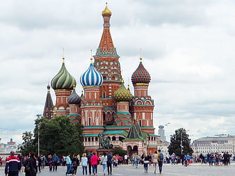 St. Basil's Cathedral in Moscow Red Square with Tourists