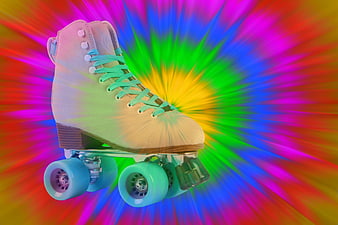 Vintage Roller Skate on Vibrant Retro Rainbow Burst Background