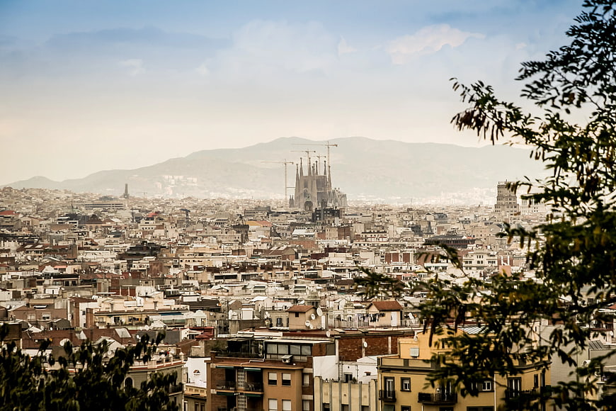 Sagrada Familia Barcelona Cityscape with Foreground Foliage