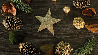 Christmas Star and Pine Cones on Dark Wood Background