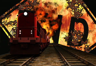 Red Train Emerging from Tunnel with Broken Wall and Smoke