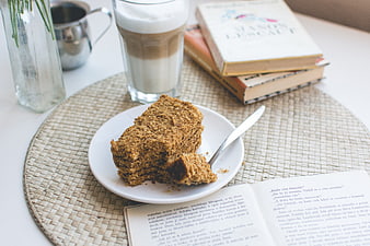 Traditional Czech Honey Cake with Caffe Latte and Books