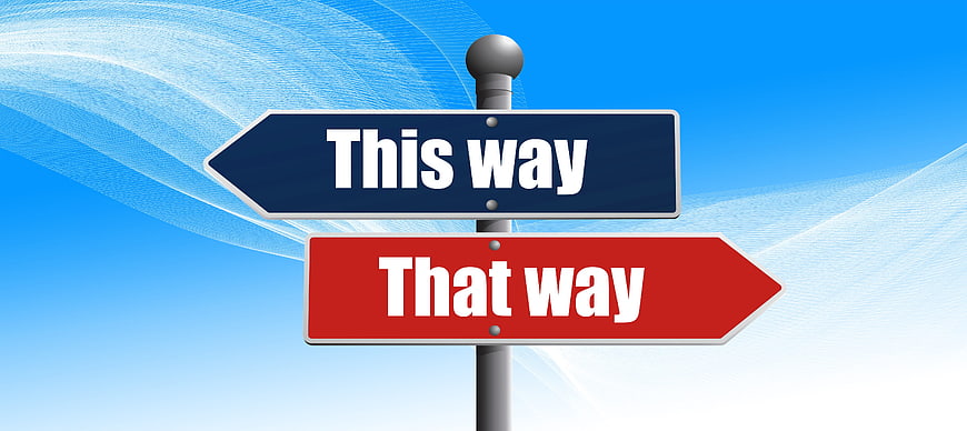 Blue and red directional signpost with this way and that way text