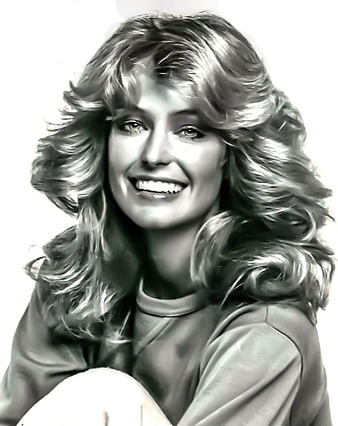 Black and white portrait of smiling woman with voluminous 1970s hair