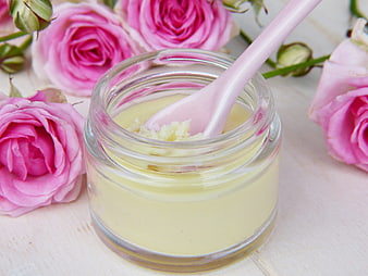 Natural Rose Cream in Glass Jar with Pink Spoon