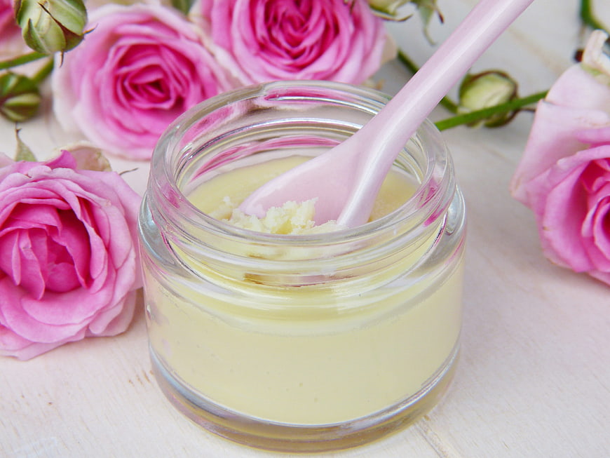Natural Rose Cream in Glass Jar with Pink Spoon