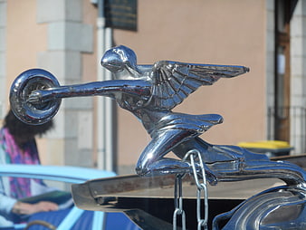 Vintage Chrome Car Hood Ornament Angel Statue Close-Up