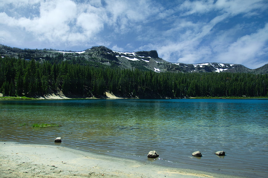Serene Alpine Lake with Snow-Capped Mountains and Pine Forest