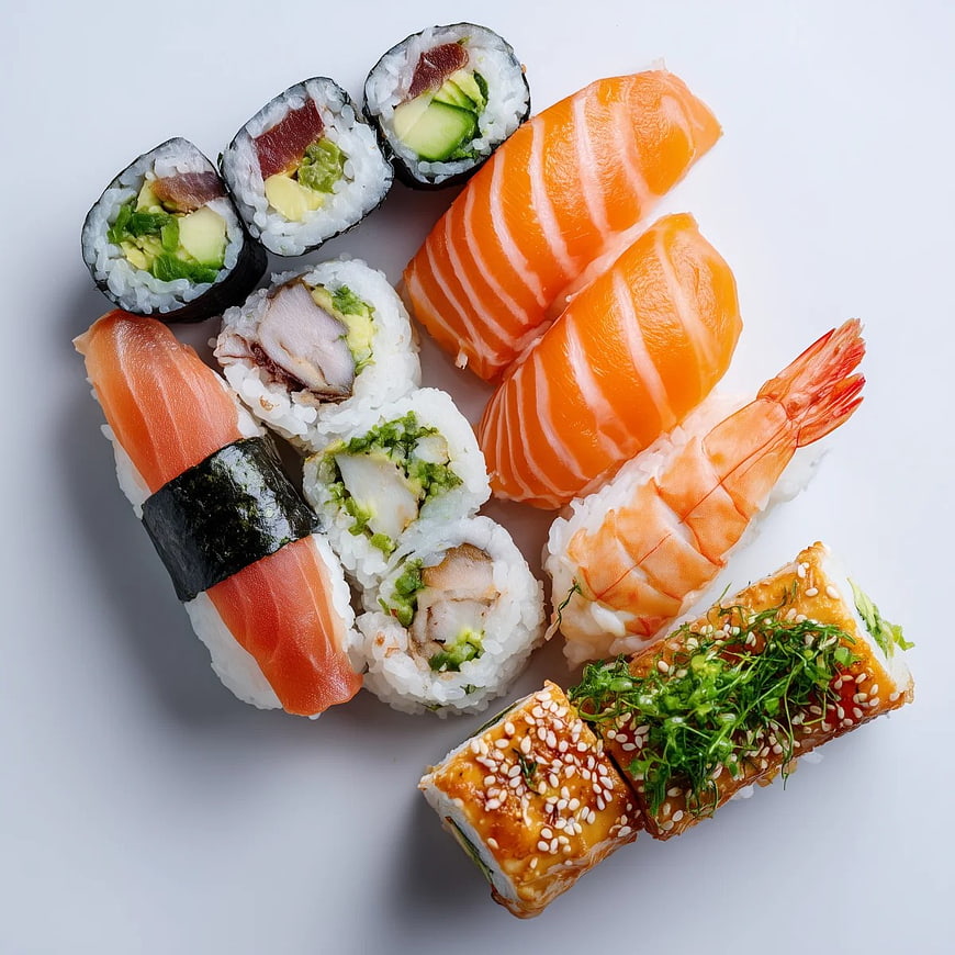 Assorted Sushi Platter with Salmon and Shrimp on White Background