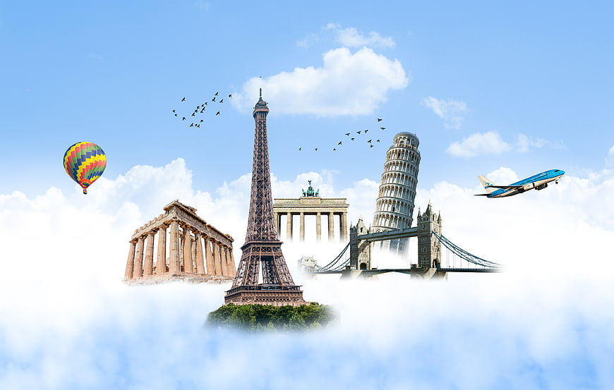 European landmarks floating in clouds with airplane and hot air balloon