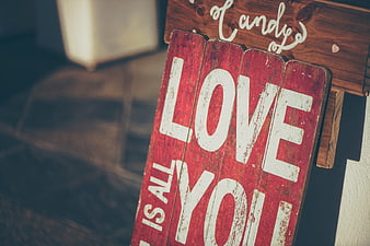 Rustic Red Wooden Love Sign with White Text