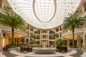 Luxurious Shopping Mall Atrium with Glass Dome and Fountain